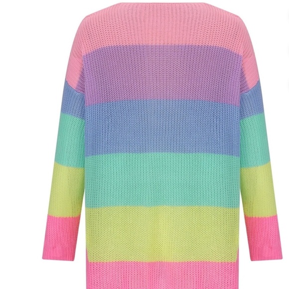 V-Neck Off The Shoulder Sweater Pastel Color Block  Oversized Knit Pullover L - Picture 2 of 11